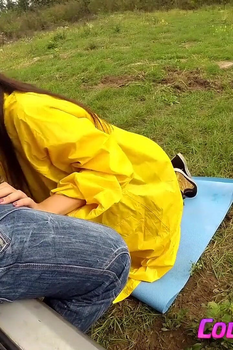 Masturbation outdoor in a hot PVC raincoat and blowjob outdoor