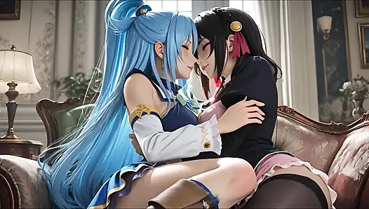 Sfw aqua dan yunyun dari soft show konosuba menyentuh dan mencium lesbian