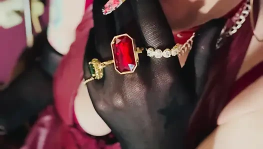 Red Leather & Cigarettes! Tina Snua Smoking A Cigarette Wearing Black Sheer Gloves & Jewelry