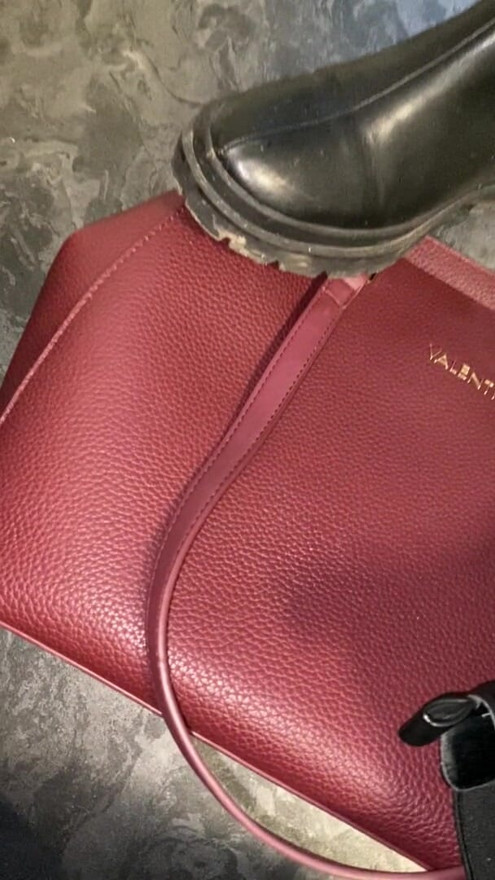 Cum on red Valentino handback and black dirty boots