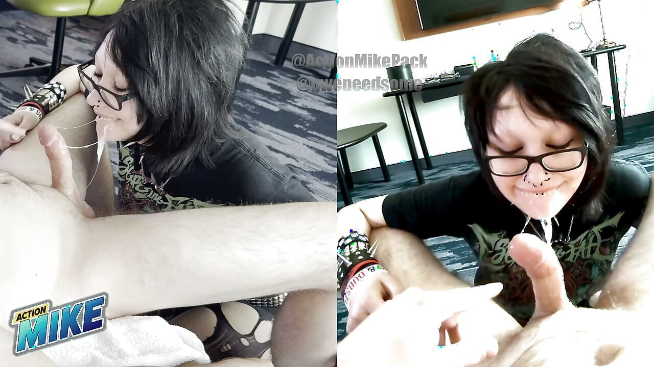 18歳のエモ夢の女の子グウェンが信じられないほどのスロッピーディープスロートと睾丸のしゃぶりを見せる