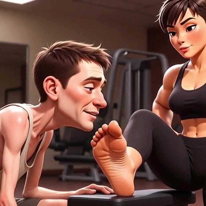 Strong Muscular Woman Makes Skinny Slave Lick Her Feet
