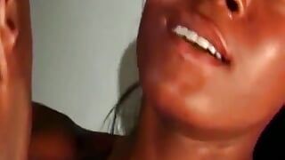 Amazing hot looking ebony with dark hair adores eating cum after a bang