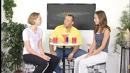 Two lovely teens are pleasuring guy's rod at the casting