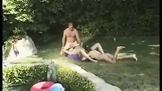 Horny babes and dudes in hardcore orgy by pool