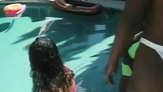 Four sexy ebony babes at poolside muff diving and using dildos to fuck tight twat