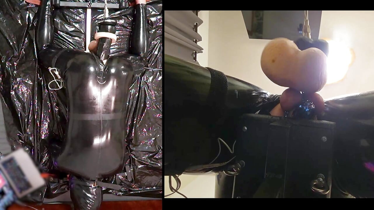 Session in the pillory with Latex Catsuit, PA Chastity, Giant Didildo and Estim