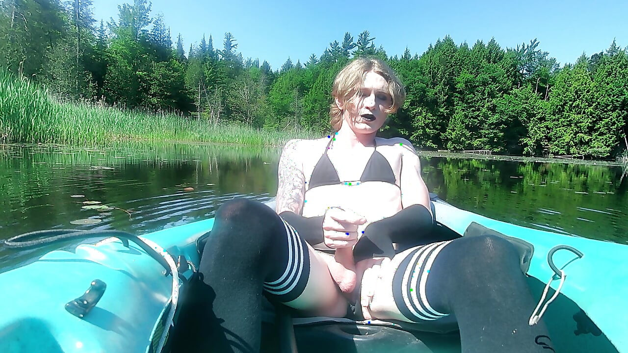 strawberry blonde goth femboy in black bikini & thigh socks, nature kayak session - solo cum in cove