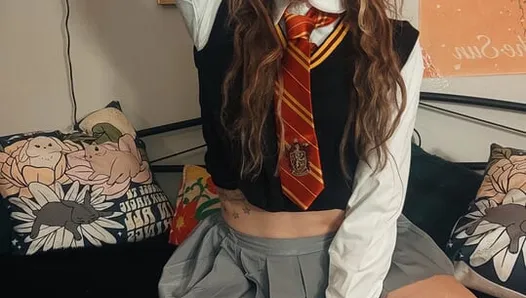 Hermione Granger rubs her clit, fucks her magic wand, shakes some ass, rides and fucks her dildo before sucking it
