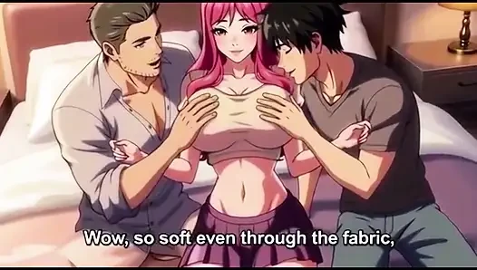 Two boy and one girl threesome in hotel room