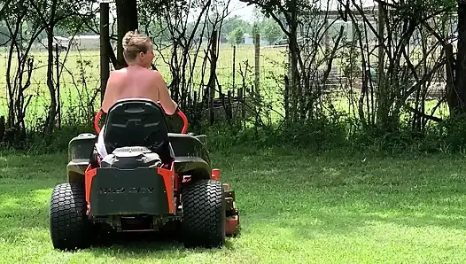 Titties out Riding lawnmower outdoors