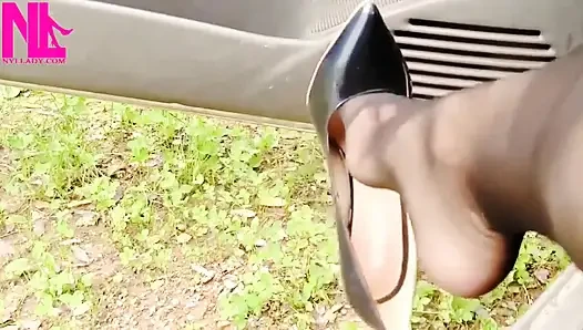 Sexy Shoeplay in Buffalo Blue Pattent Pumps