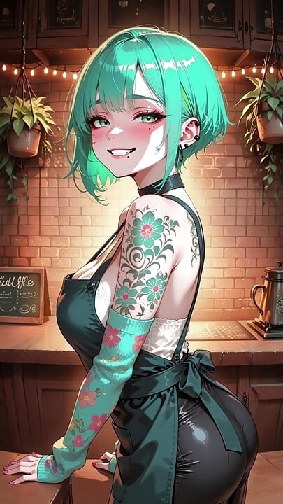 Turquoise-haired, huge tits anime waitress gets fucked by a client - AI-generated content