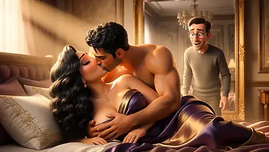 A Muslim man and a Jewish wife, with her cuckold  Christian husband watching her being fucked.