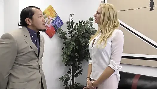 Dominant Blowjob in office by bizarre blind milf sucker lady for confused Lenny.