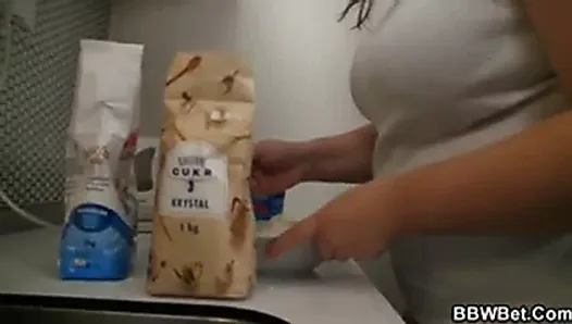 Fat chick fucks when cooking