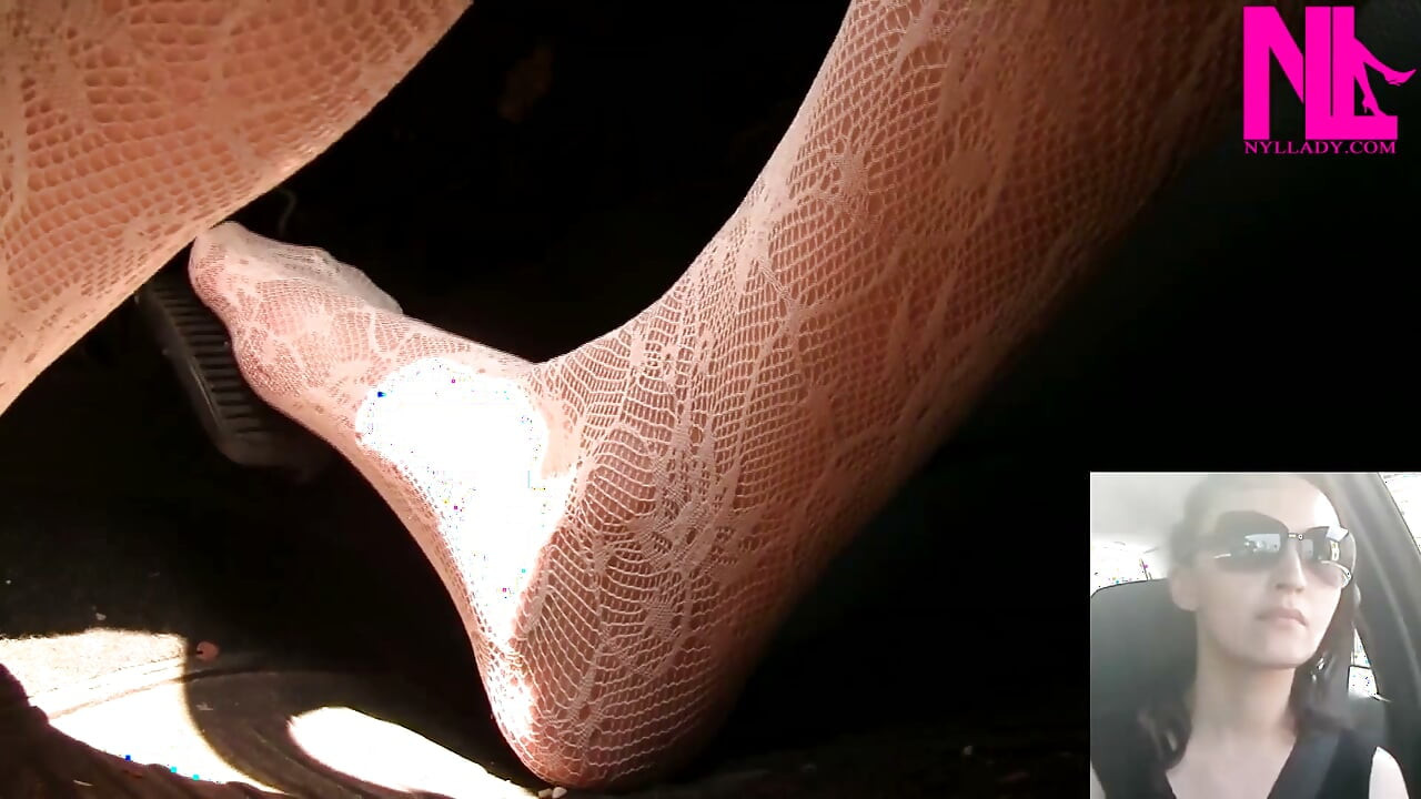 Driving and Pedal Pumping in White Embroidered Stockings