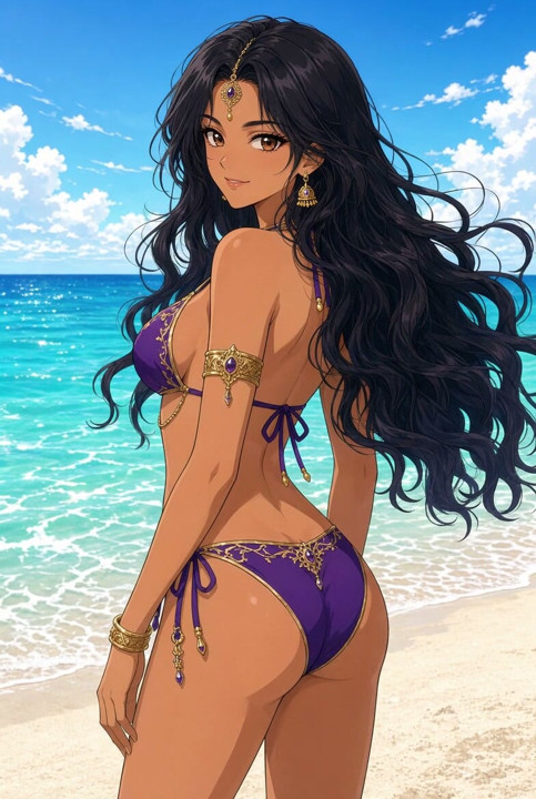 Lilavati Anime Beach Bikini Looking Back Over Shoulder with Flowing Hair