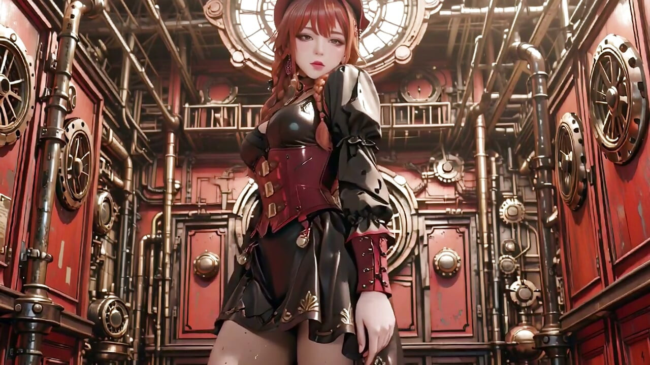 Steampunk Düşes! Kızıl saçlı mekanik kız Dişli Salonu'nda baştan çıkarıyor.