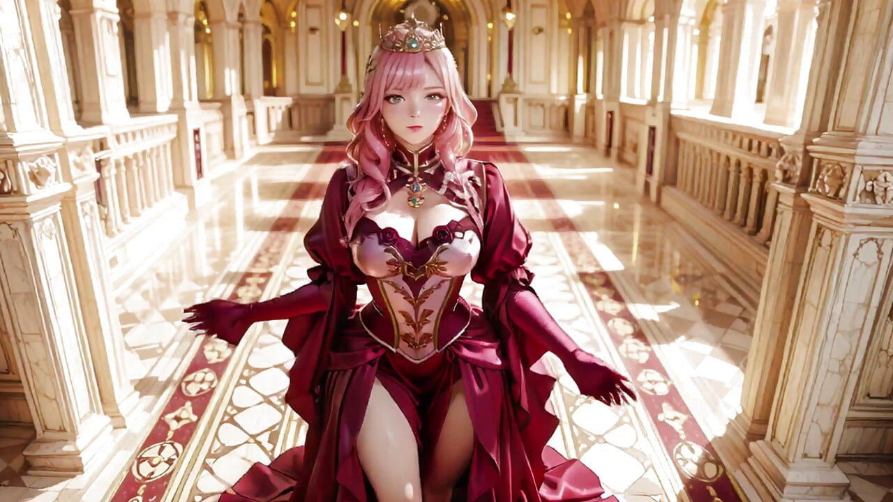 The Pink Queen's Coronation! Deep red silk, golden goblet, and a lazy gaze from the throne. Pure fantasy.