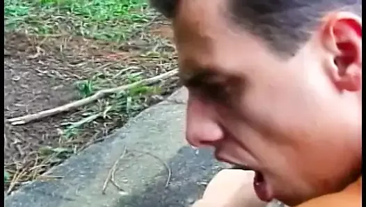 Skinny guy strokes cock while riding schloeng of hot blonde shemale Renata Davila on the backyard