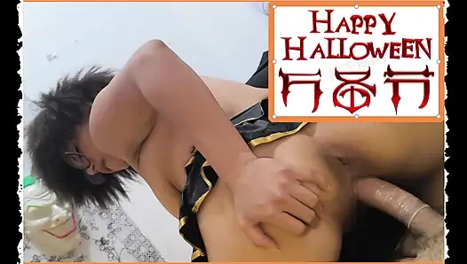 Stepson puts on a mask on Halloween and fucks his stepmother doggy style