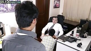 Asian twinks barebacked in office 3some by business DILF