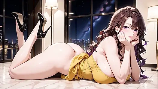 Istri anime besar dengan gaun kuning ketat, suite mansion mewah penuh sperma sampai penuh