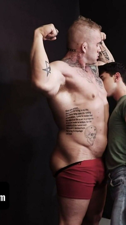 Hunk Tattooed Model Davin Strong Drills Photographer's Ass And Makes Him Cum On His Dick - SayUncle | Clip 1