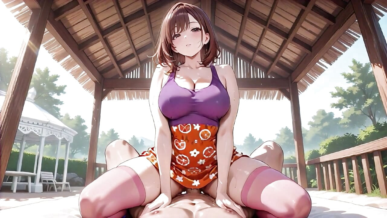 Frumusețe hentai cu țâțe mari sare cu pasiune pe verandă tropicală - udă picurând!