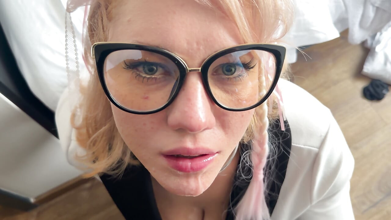 Manga Style Horny Wife in White Dress, Pink Ponytails and Glasses Suck my Cock in a Hotel Room