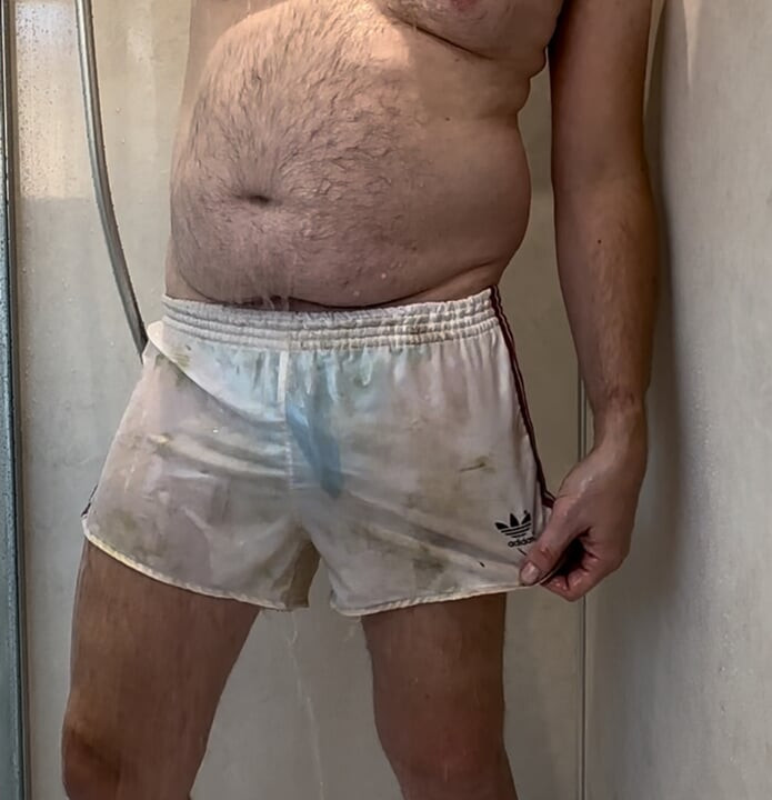 Showering in my sexy old adidas white Liverpool nylon football shorts from the 80's
