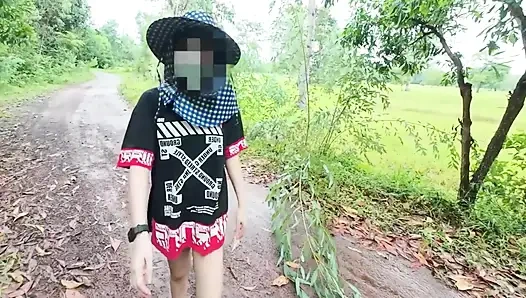 Thai Girl Walking Showing Along the Side of the Field Road in the Countryside Thai Outdoor Public