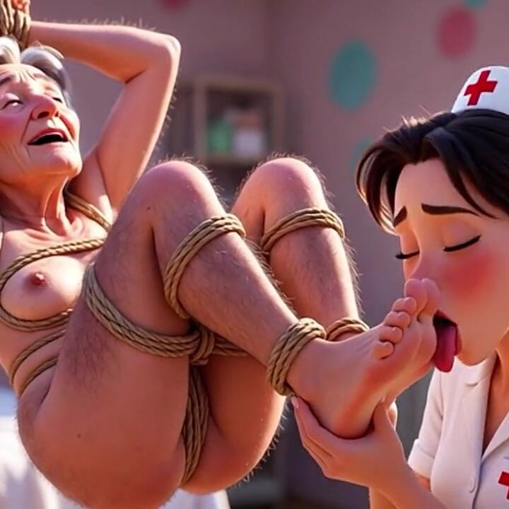 Young Nurse Worshipping Bound Elderly Womans Feet in Asylum
