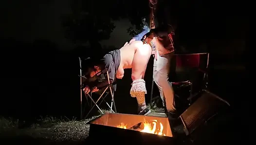 Wife caught masturbating in public restroom, then fucked by the campfire