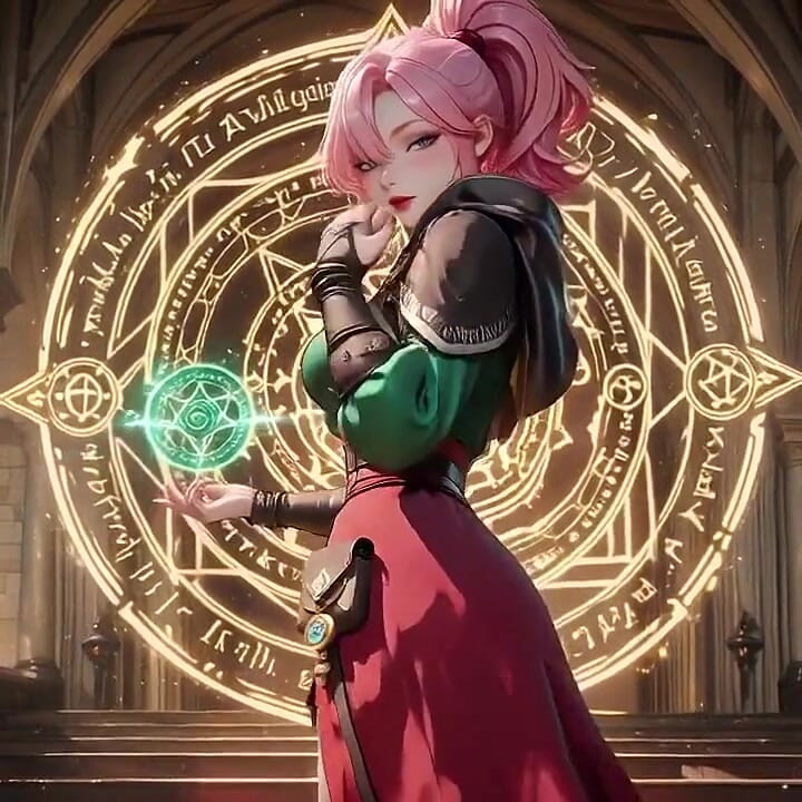 Deep Squat Teasing Under the Giant Magic Array, Green Battle Gear Stretched Tight.