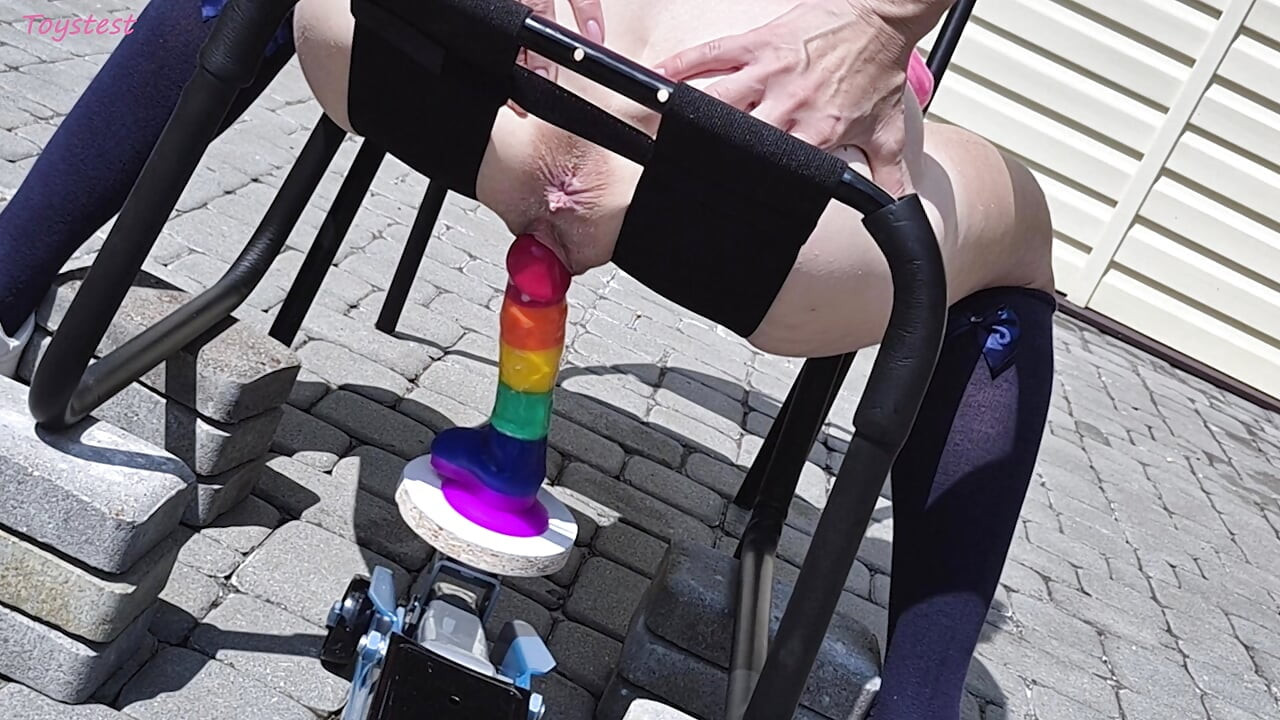 Insertion Fetishes. Car Jack Mounted Rainbow Huge Dildo Goes in Stepsister's Big Labia
