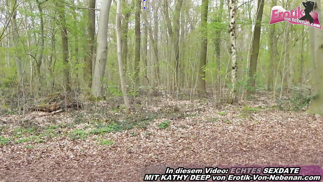 Chubby German milf having an outdoor blowjob in the woods with a stranger man