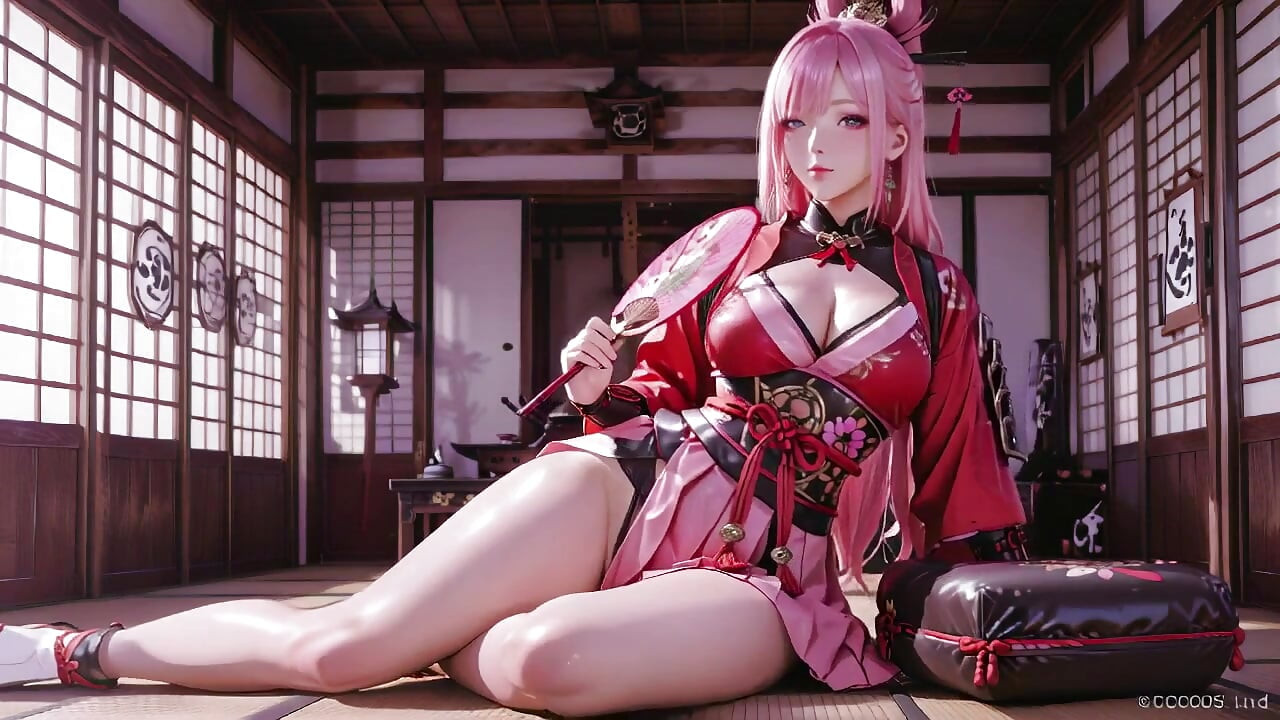 Pink-haired warrior kneeling on tatami, high-slit kimono slipping to reveal snowy thighs.