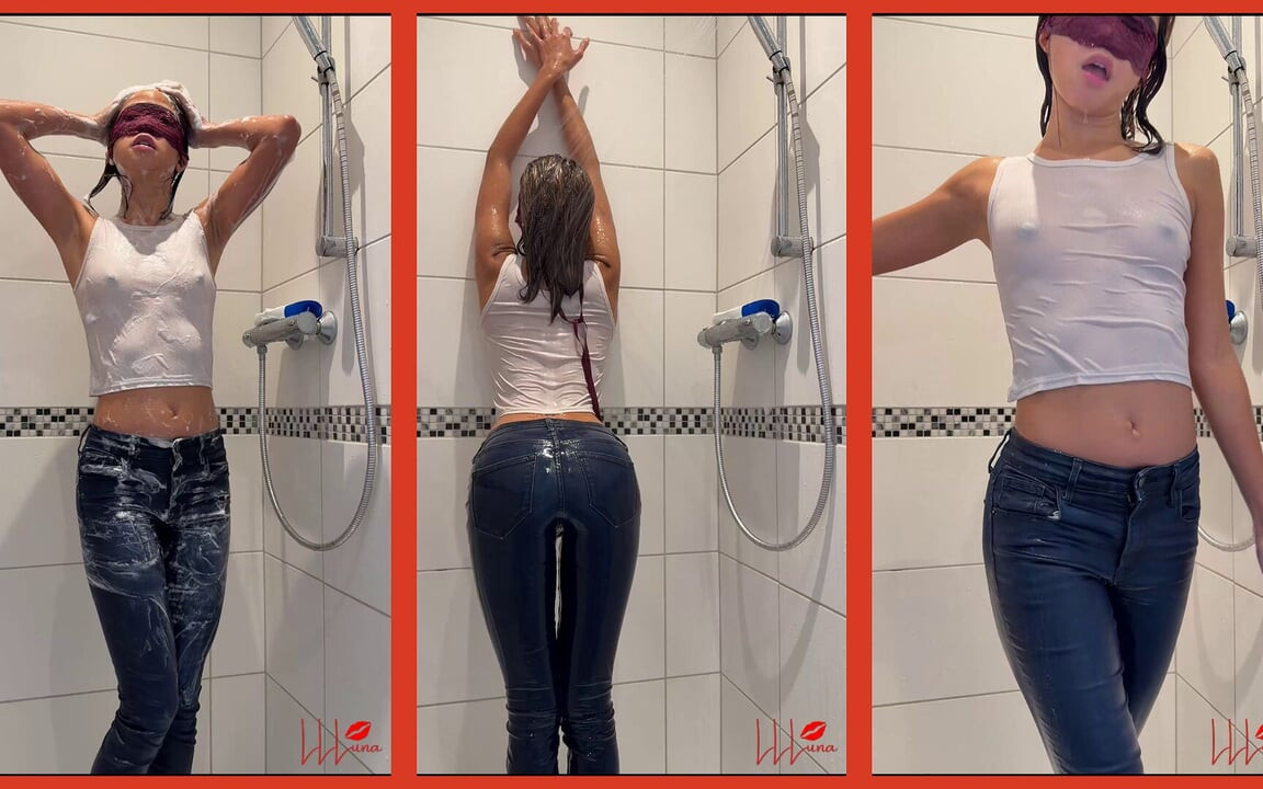 Ubrany prysznic: chudy azjatycki mokry wygląd w mokrych dżinsach i mokrym topie - Solo Shower Show & Wet Body admiration
