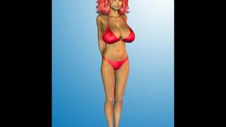 3D рыжая с огромными сиськами в красном бикини