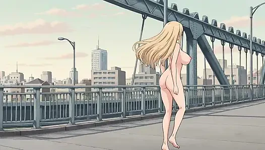 A woman walking naked in public