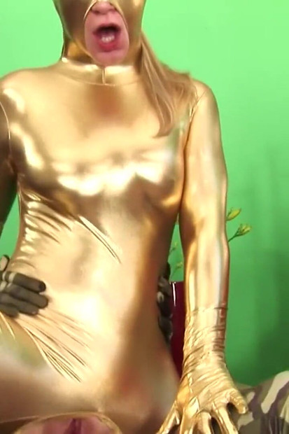 Teen blonde rough fucked in a golden spandex catsuit