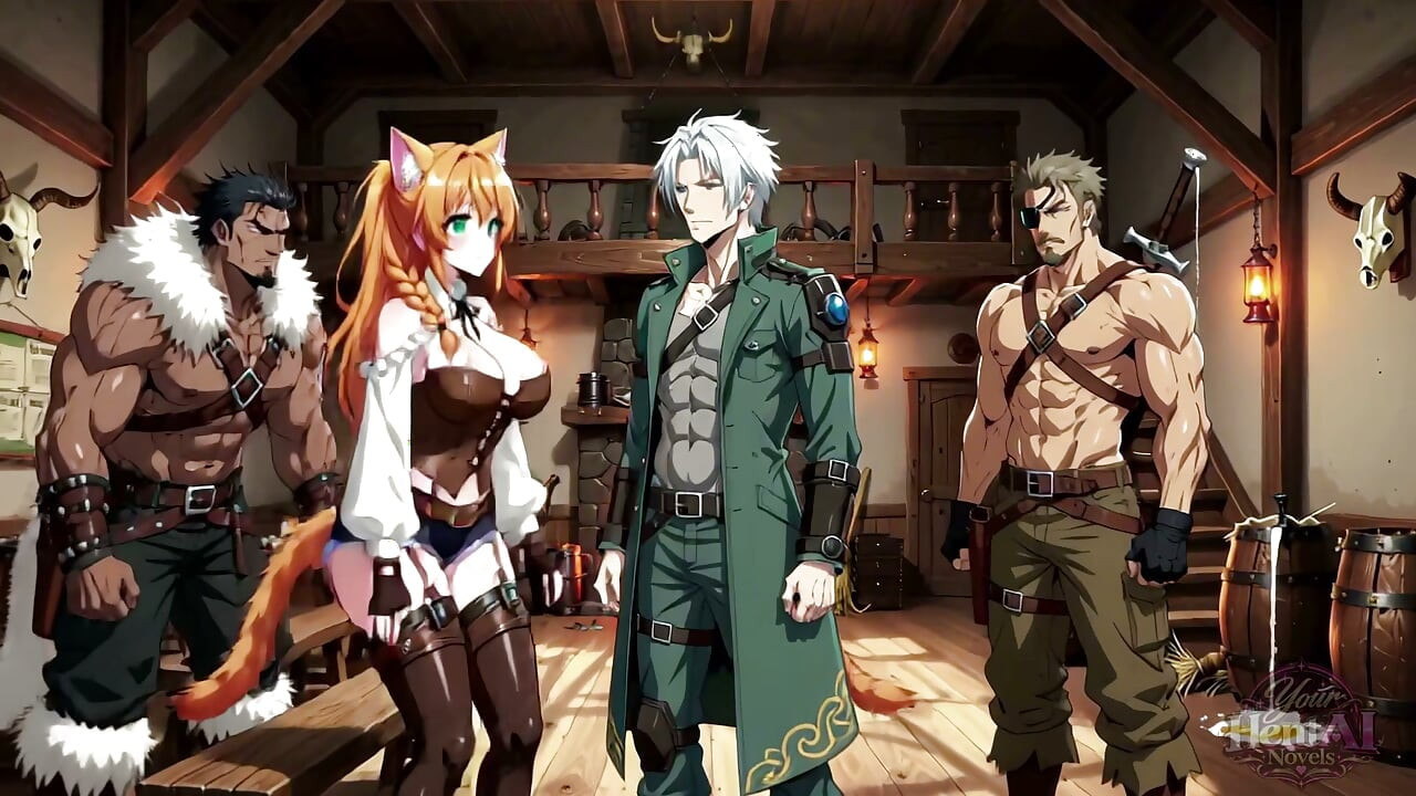 Busty Neko girl waitress gets gangbanged by a group of muscular men with huge penises (HENTAI)