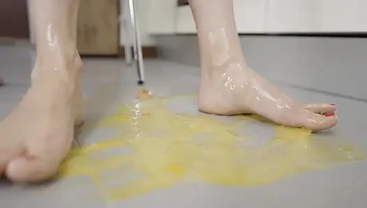 Bored Blonde MILF Tramples Eggs with Hot Feet - Foot Fetish Crush!