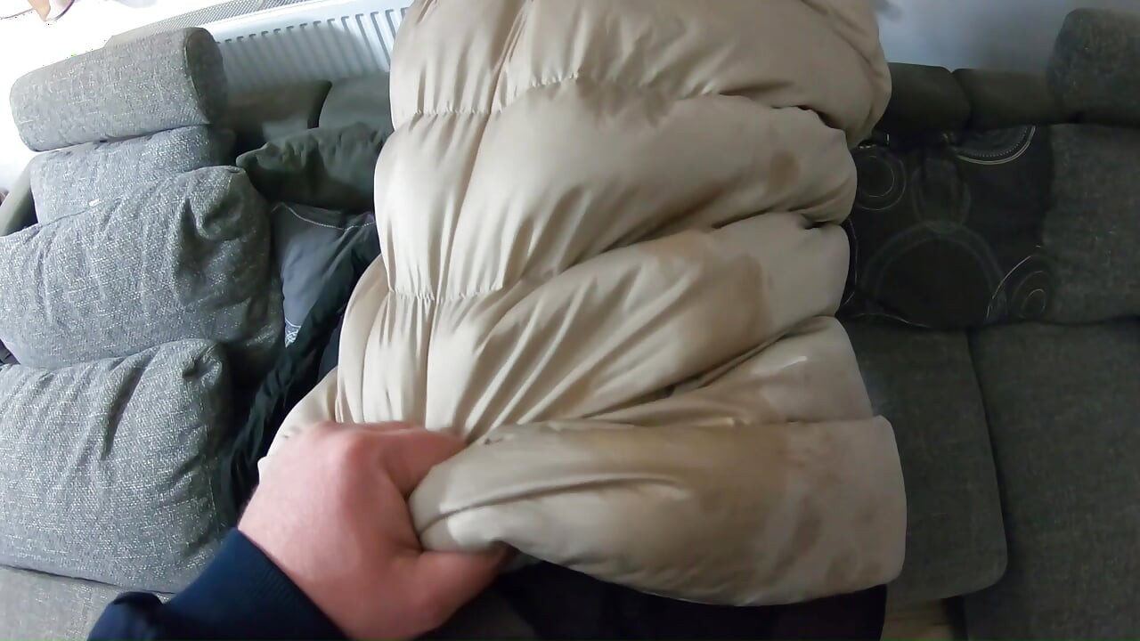 Ripped Pantyhose Slut in Puffy Downjacket. Blowjob, Doggy and Double Cum on My Coats