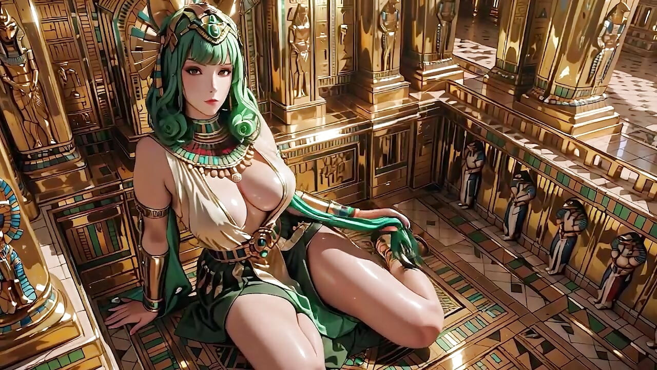 ¡Reina egipcia de pelo verde! Arrodillada en el salón dorado, custodiada por esfinges.