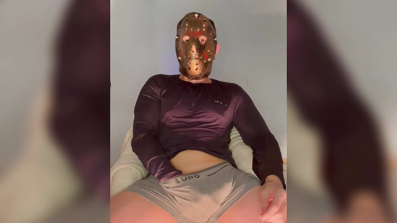 ジェイソンのネイタン手コキ、射精するまで(マスク全開でのソロ)