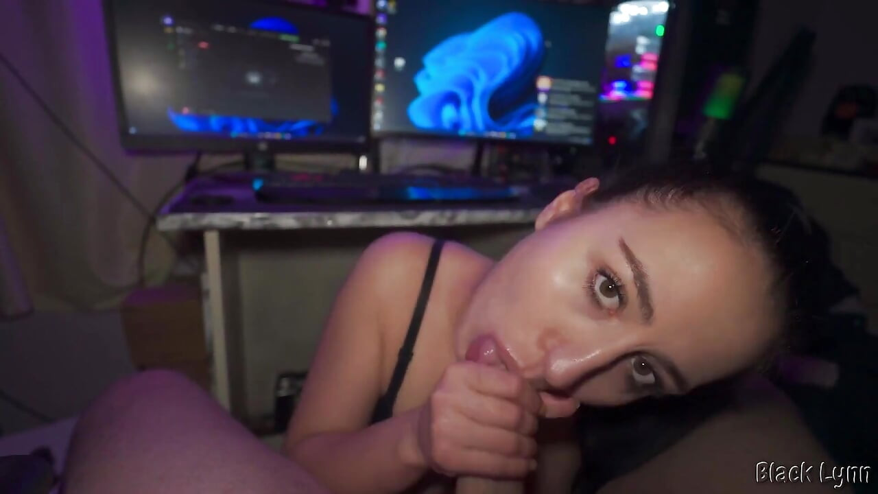 Ponytail Brunette Sucks and Swallows Under Table