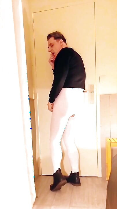 Cock Stroking and Ass Play in Open White Pantyhose